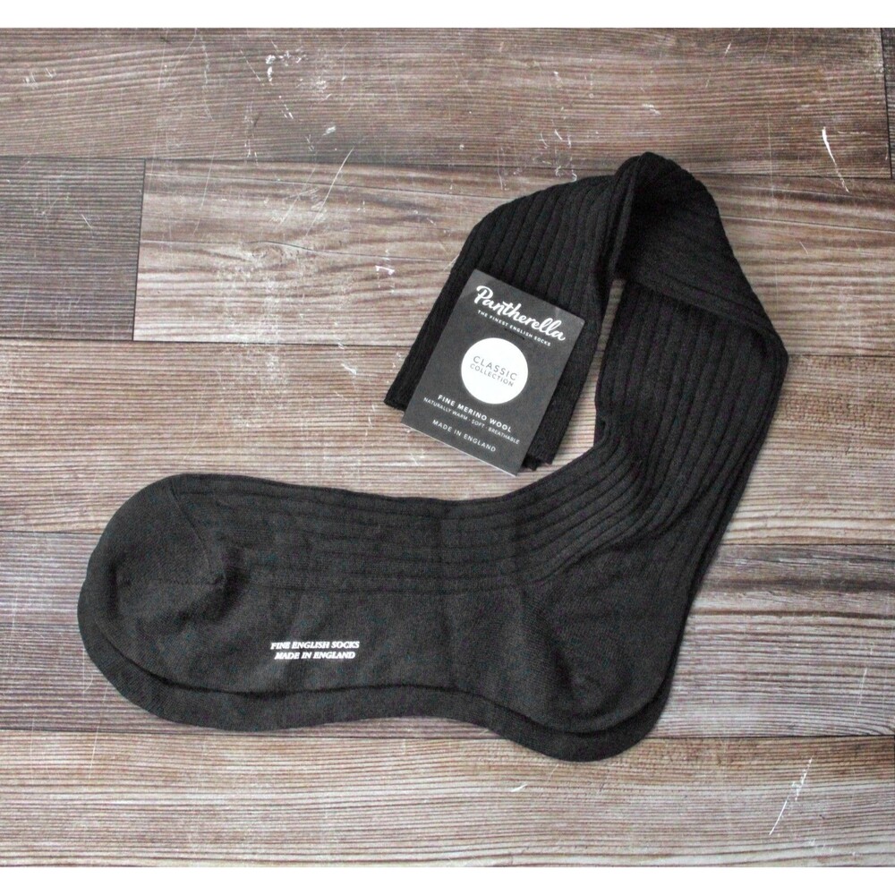 PANTHERELLA MENS M FINE WOOL DRESS SOCKS OVER THE CALF BLACK 6796 LABURNUM NWT